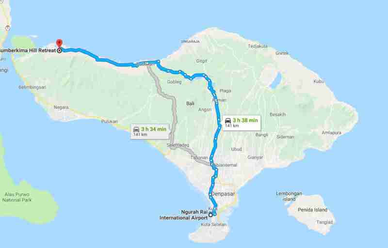 Kaart van de panoramische route van de luchthaven van Bali naar Sumberkima