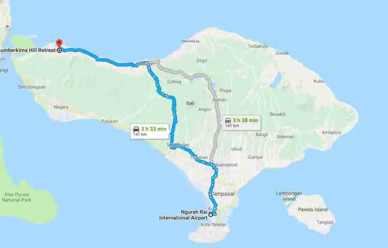 Kaart van de Pupuan-route van de luchthaven van Bali naar Sumberkima
