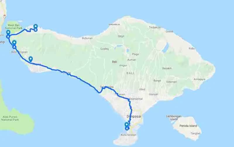 Kaart van de kustroute van de luchthaven van Bali naar Sumberkima
